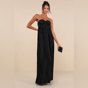 Lulus Whimsical Beauty Black Satin Plisse Strapless Maxi Dress Evening Wedding M